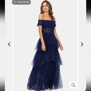 Betsy & Adam mesh off the shoulder ballgown Navy